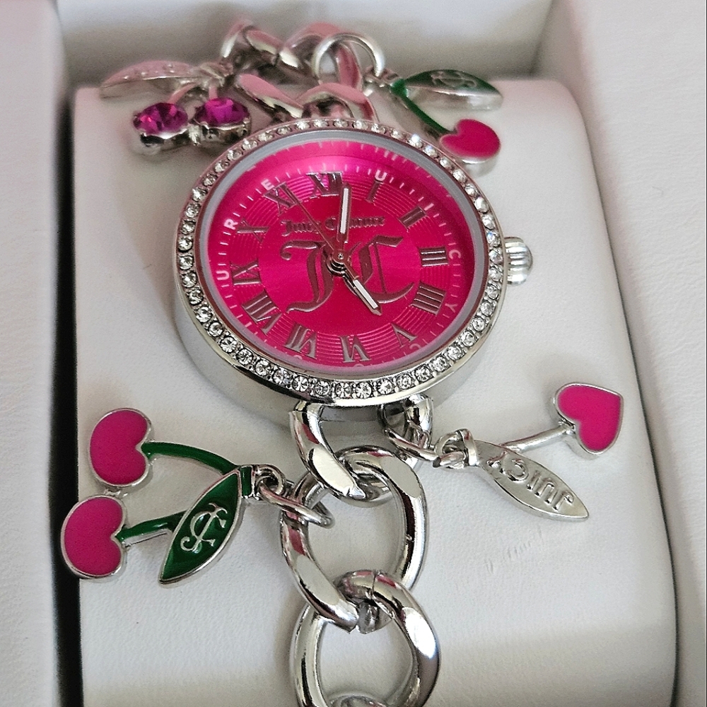 NEW Juicy Couture Cherry Pink & Silver Charm Bracelet Watch